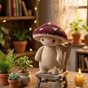 May include: A crocheted mushroom doll with a burgundy cap dotted with white spots. The doll has a beige body and is seated on a small wooden chair. The background includes plants, books, and a lit candle, creating a cozy atmosphere.