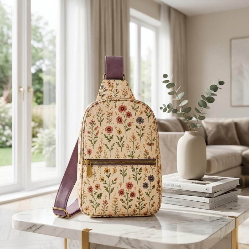 May include: A cream-colored sling backpack featuring a repeating pattern of small wildflowers in shades of red, yellow, and blue. The bag includes a solid purple adjustable strap, a top handle, and a horizontal front zipper pocket with gold hardware.