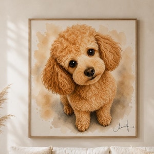 May include: A square wall art print featuring a watercolor-style illustration of a fluffy, light brown poodle puppy with large dark eyes, set against a soft beige background with a signature in the bottom right corner.