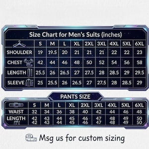 May include: A dark blue digital size chart for suits and pants with neon-style borders. The chart displays measurements in inches for sizes S through 6XL, including shoulder, chest, length, and sleeve for jackets, and waist and length for pants.
