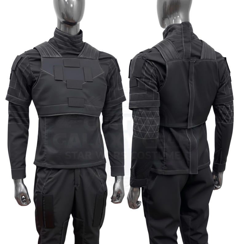 May include: Black tactical uniform displayed on a mannequin. The outfit includes a high-collared shirt, a chest plate, and matching pants. The sleeves have geometric patterns, and the uniform appears to be made of a durable, matte material.