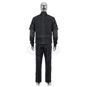 May include: A black tactical-style jacket and matching trousers set displayed on a mannequin. The jacket features a high collar, long sleeves with geometric white line patterns on the forearms, and prominent white stitching throughout the garment.