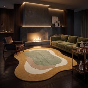 Hand Tufted Wool Rug: Organic Modern Wave, Earth Tones, Sage Green, Mustard Gold