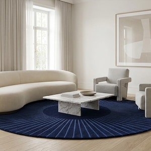 Navy Blue Sunburst Wool Rug, Hand Tufted Round Area Carpet
