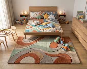 Hand-Tufted Wavy Rug | Terracotta Sage Mid-Century Modern Carpet