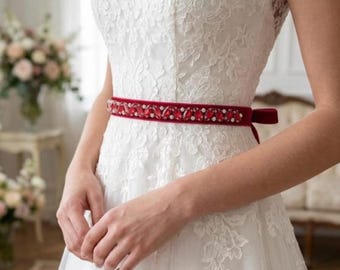 Fascia da sposa di lusso in velluto rosso - Cintura da sposa con pietre di cristallo - Fascia da sposa rossa da 2 metri
