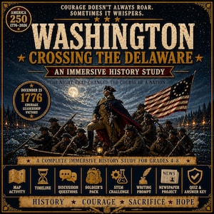 May include: A poster titled Washington Crossing the Delaware, An Immersive History Study for grades 4-8. It features a central illustration of George Washington in a boat with soldiers and an American flag, with text detailing historical themes.