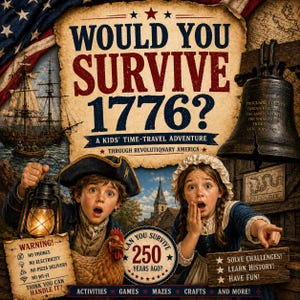 May include: A book cover with the title "WOULD YOU SURVIVE 1776?" featuring illustrations of children in colonial attire, a ship, and the Liberty Bell. The cover includes text about a time-travel adventure and warnings about modern conveniences.