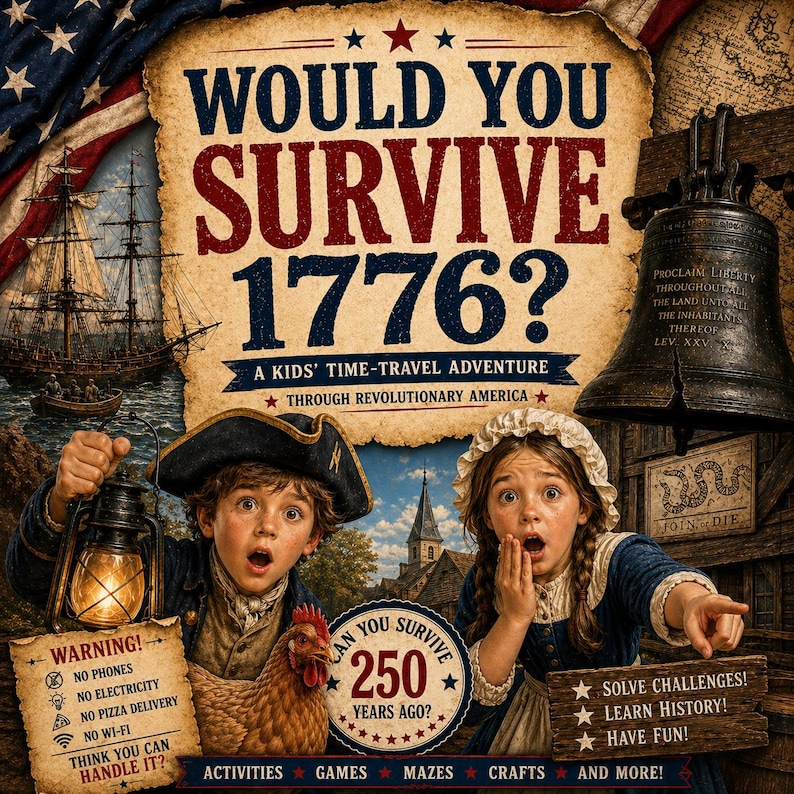 May include: A book cover with the title "WOULD YOU SURVIVE 1776?" featuring illustrations of children in colonial attire, a ship, and the Liberty Bell. The cover includes text about a time-travel adventure and warnings about modern conveniences.