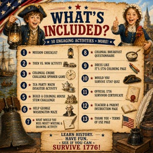May include: A colorful educational poster titled "What's Included?" features illustrations and text about 1776-themed activities. The poster includes a mission checklist, coloring pages, and a quiz. Two children are depicted, one holding a lantern and the other a chicken.