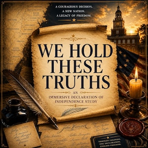 May include: An artistic depiction of the Declaration of Independence. The image features a parchment with the words "WE HOLD THESE TRUTHS", a quill, inkwell, candle, and the American flag. The text "July 4, 1776" is also visible.