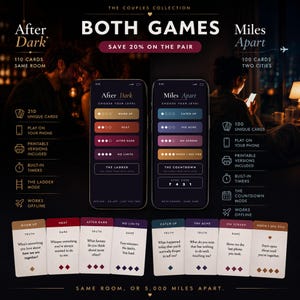 Puede incluir: Dos teléfonos inteligentes muestran los juegos de cartas After Dark y Miles Apart con menús de selección de nivel. Debajo, ocho tarjetas físicas presentan preguntas de verdad o reto con iconos de diamantes. El texto incluye títulos y funciones.