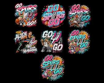 May include: A collection of colorful San Antonio Spurs basketball-themed graphics. Each design features the words "Go Spurs Go" with basketballs, stars, and cartoon characters like the Coyote mascot and a player named Victor Wembanyama. The designs are set against a black background.