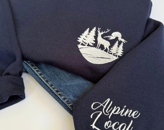 Alpine Local Embroidered Sweatshirt, Navy Crewneck, Mountain Deer Design, Outdoor Gift