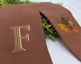 Personalized Fall Wreath Sash, Embroidered Acorn & Autumn Leaves, Brown Harvest Door Decor