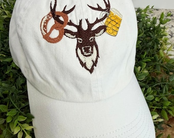 Embroidered Oktoberfest Stag Baseball Cap, White Bavarian Festival Hat, Beer & Pretzel Gift