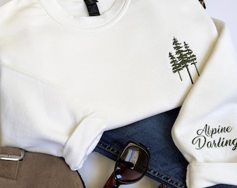 Alpine Darling Embroidered Sweatshirt, White Crewneck, Pine Tree Sweatshirt, Mountain Lover Gift