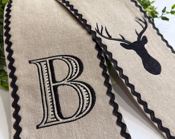Personalized Burlap Wreath Sash | Hunting Door Decor Deer Duck Fish | Custom Last Name or Initial Rustic Farmhouse Outdoor Banner