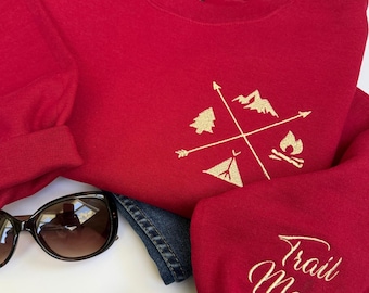 Trail Mama Embroidered Sweatshirt, Red Crewneck, Camping Sweatshirt, Outdoor Mom Gift