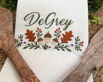 Personalized Embroidered Fall Kitchen Towel | Acorn & Oak Leaves Dishcloth (Custom Name)