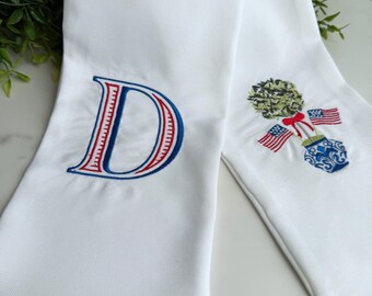 4th of July Monogram Wreath Sash | Patriotic Initial Door Decor | America Flag Topiary Design