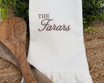 Personalized Embroidered Family Name Tea Towel, Ruffled White Kitchen Gift