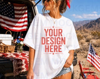 White Comfort Color 1717 T-shirt Mockup | USA Independence Day Summer Boho Lifestyle Model Tee