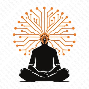 Ilustración de tecnología de meditación: conexión mente-humano, concepto de red neuronal de IA, gráfico digital minimalista.