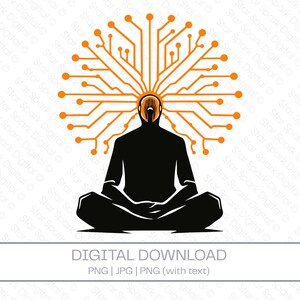 Meditation Tech Illustration – Human Mind Connection, AI Neural Network Concept, Minimal Digital Graphic