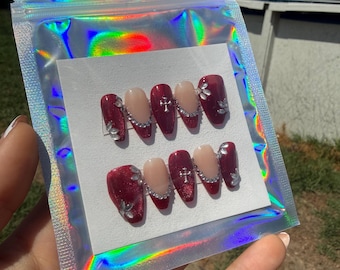 Crimson Grace Coffin Press-On Nails | Cat Eye French Tip Rhinestone Charm Set