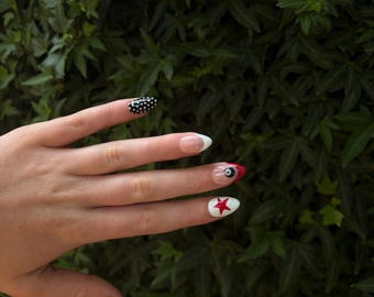 Lucky Shot | Handmade Press-On Nails | Red, White & Black 8-Ball Nail Set | Medium Almond