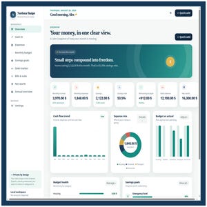 Pode incluir: Um painel digital de finanças pessoais intitulado Northstar Budget exibindo uma visão geral de receitas, despesas, poupanças e dívidas mensais. A interface apresenta um cabeçalho azul-petróleo escuro, cartões brancos com dados financeiros, um gráfico de barras de fluxo de caixa, um gráfico de rosca de mix de despesas e um gráfico de barras de orçamento versus gastos reais.