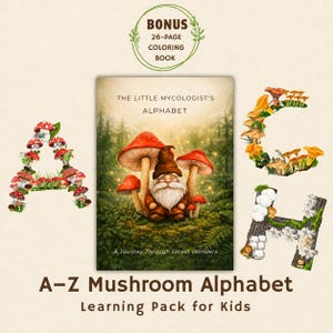 Op de afbeelding: A-Z Paddenstoel Alfabet leerpakket voor kinderen. De omslag toont een kabouter omringd door rode paddenstoelen. De letters "A", "C" en "H" zijn geïllustreerd met paddenstoelen. Inclusief een bonus kleurboek van 26 pagina's.