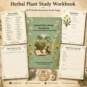 Puede incluir: Un conjunto de páginas de estudio botánico imprimibles, que incluyen un cuaderno de trabajo, un índice de plantas y un registro de colección de plantas. La portada del cuaderno presenta una ilustración de acuarela de una cesta de hierbas y flores.