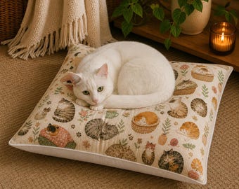 Tufted Pillow, Cozy Cat Floor Pillow, Tufted Cushion, Cute Cat Gift, Neutral Home Decor, Aesthetic Pet Pillow, Mothers Day