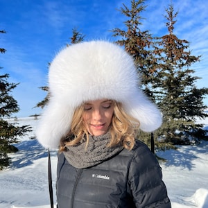 Women's 100% Real Fox Fur Hat S-XL Premium Aviator Russian Ushanka Trapper  Winter Genuine Leather Fox Fur Hat - White - Zavelio