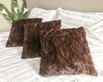 Real Fur Accent Pillow - Reclaimed Restyled Vintage Mink Fur - Brown Chevron Pattern - Rustic Woodland Cabin Winter Style Home Decor