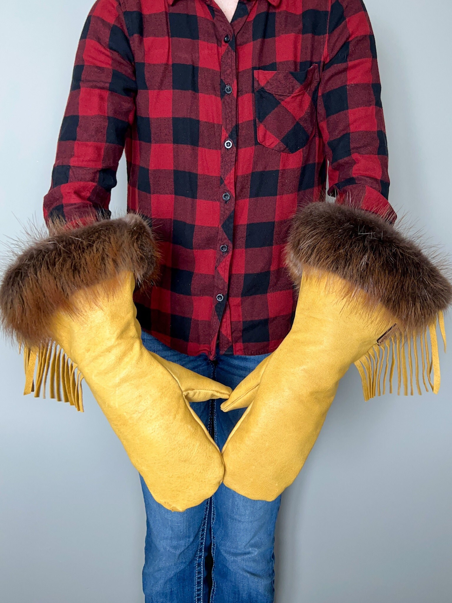 Yellow Leather Fringe Gauntlet Mitts Beaver Fur Trim Size M - Etsy