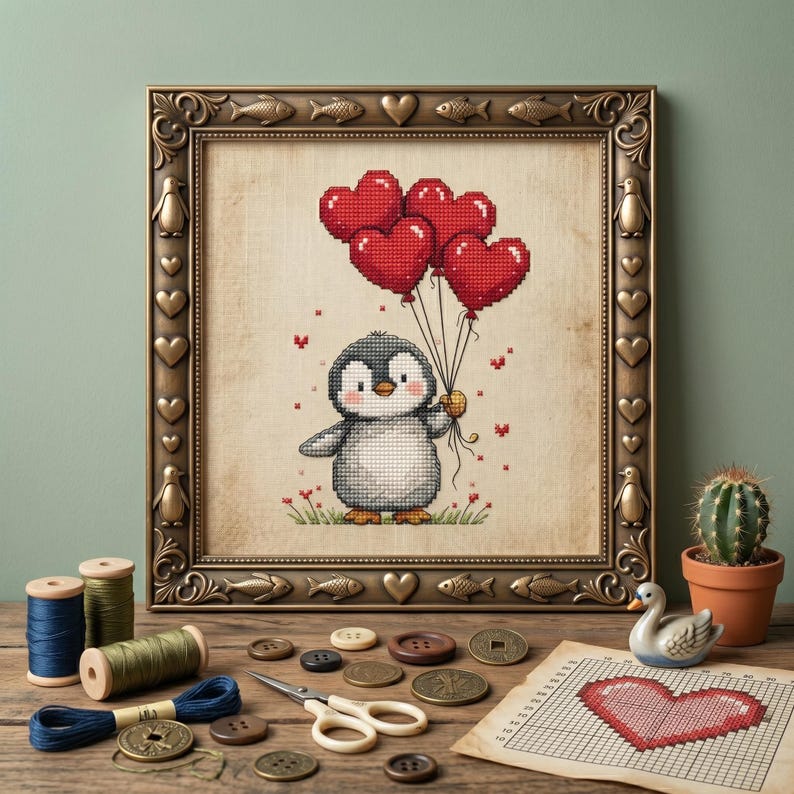 Pu&ograve; includere: Un'opera d'arte a punto croce incorniciata con un pinguino che tiene palloncini rossi a forma di cuore. La cornice &egrave; ornata da motivi di pesci, cuori e pinguini. Materiali artigianali aggiuntivi, tra cui rocchetti di filo, bottoni e forbici, sono disposti su una superficie di legno.