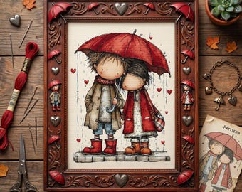 Patrón de punto de cruz de pareja romántica bajo la lluvia – Bordado de amor caprichoso en PDF