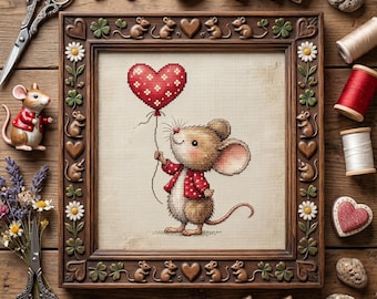 Patrón de punto de cruz de un lindo ratón con un globo en forma de corazón – Bordado de animales adorables en PDF