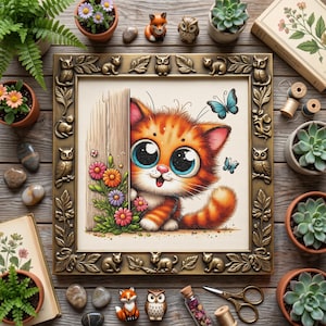 Può includere: Un quadro quadrato incorniciato raffigurante un gattino tigrato arancione in stile cartoon con grandi occhi azzurri che sbuca da dietro una staccionata in legno, decorato con fiori colorati e due farfalle blu, in una cornice di bronzo con motivi animali.