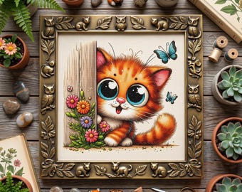 Patrón de punto de cruz de gatito naranja adorable – Bordado de gato con flores y mariposas azules (PDF)