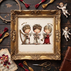 May include: A framed cross-stitch embroidery featuring three angels playing musical instruments, including a harp, a flute, and a trumpet. The angels have halos and wings, with two wearing white robes and one in a red robe, set in an ornate gold frame.