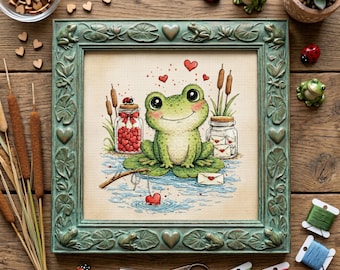 Patrón de punto de cruz de cartas de amor con ranas adorables – Escena romántica en un estanque (PDF)