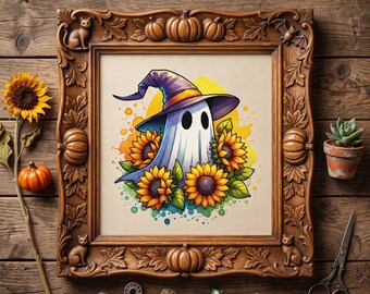 Patrón de punto de cruz de fantasma bruja de girasol – Bordado floral de otoño y Halloween en PDF