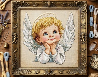 Patrón de punto de cruz de ángel querubín soñando – Bordado de bebé celestial adorable en PDF