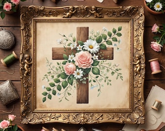 May include: A framed artwork featuring a wooden cross adorned with pink roses and white daisies, set within an ornate gold frame. The composition includes surrounding sewing supplies like thread spools, scissors, and fabric on a wooden surface.
