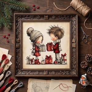 Cute Christmas Couple Cross Stitch Pattern – Winter Gift Exchange Embroidery PDF image 1