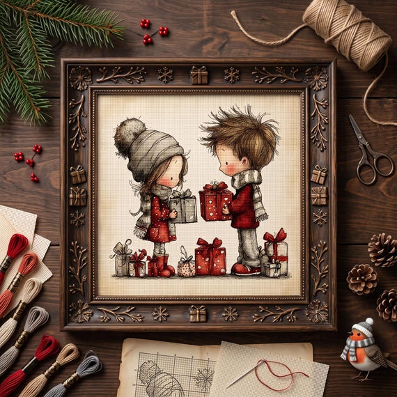 Cute Christmas Couple Cross Stitch Pattern – Winter Gift Exchange Embroidery PDF